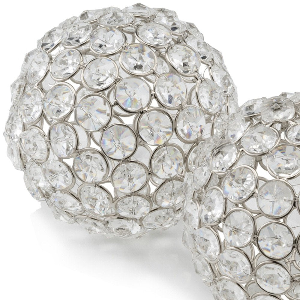 Set of Two Silver And Clear Faux Crystal And Metal Orb Decorative Tabletop Sculptures