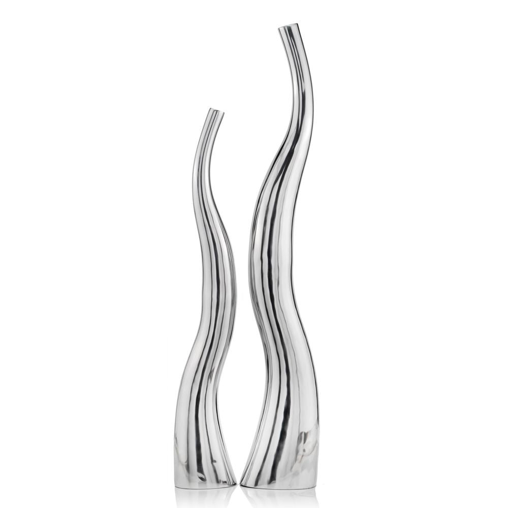 Set of Two Silver Aluminum Squiggly Vases