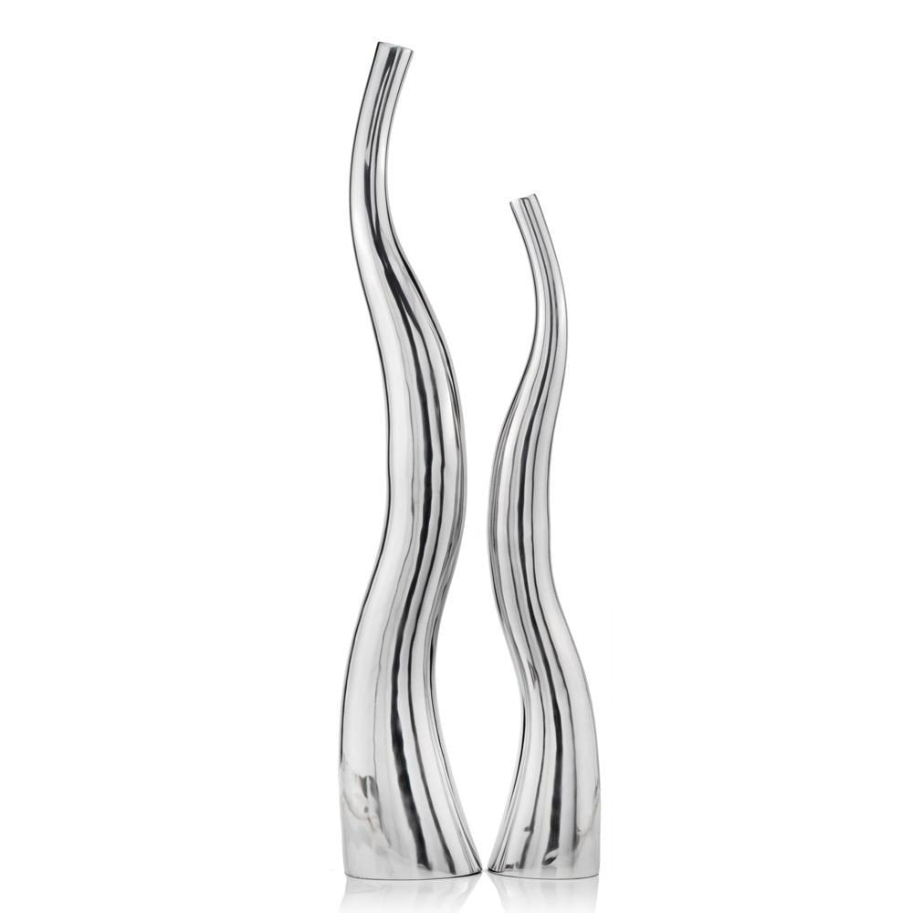 Set of Two Silver Aluminum Squiggly Vases