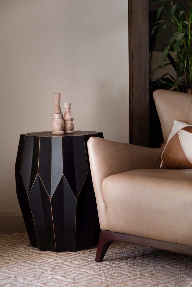 23" Black Solid Wood Round Drum End Table