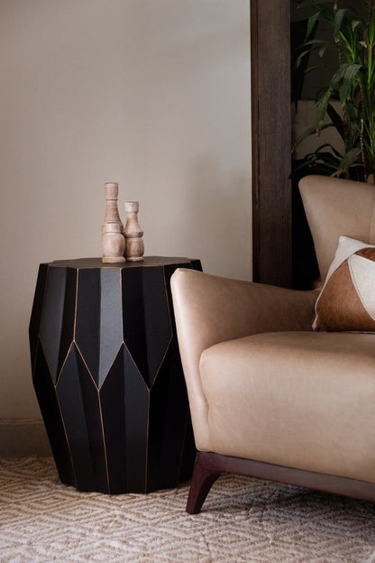 23" Black Solid Wood Round Drum End Table