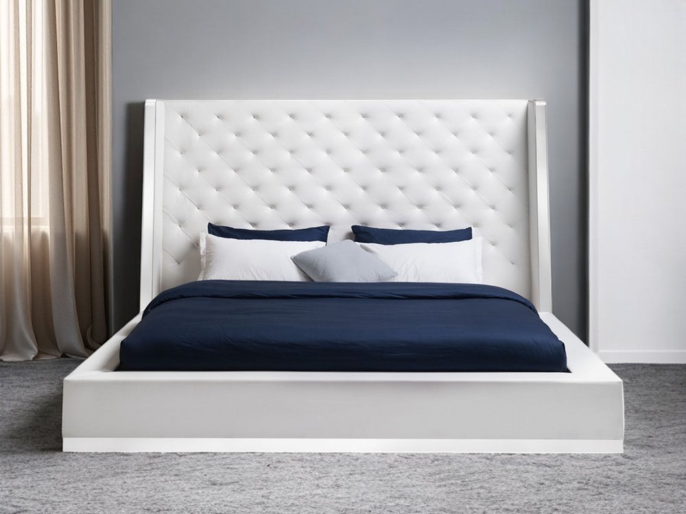 White Tufted Faux Leather King Bed Frame
