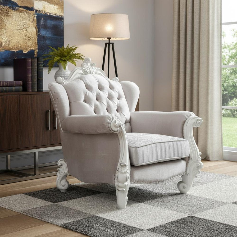 44" Ivory and Antiqued White Fabric Damask Tufted Chair and a Half And Toss Pillows