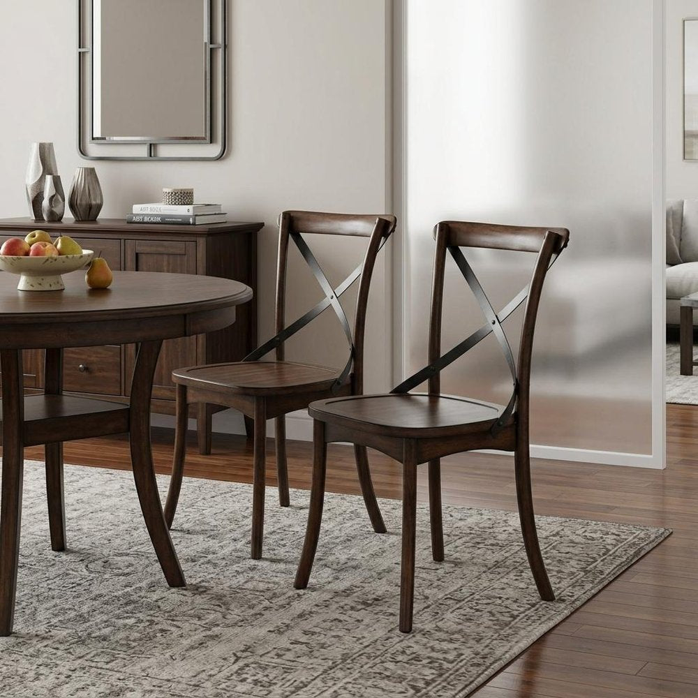 Set of Two Brown Cross Back Dining Side Chairs