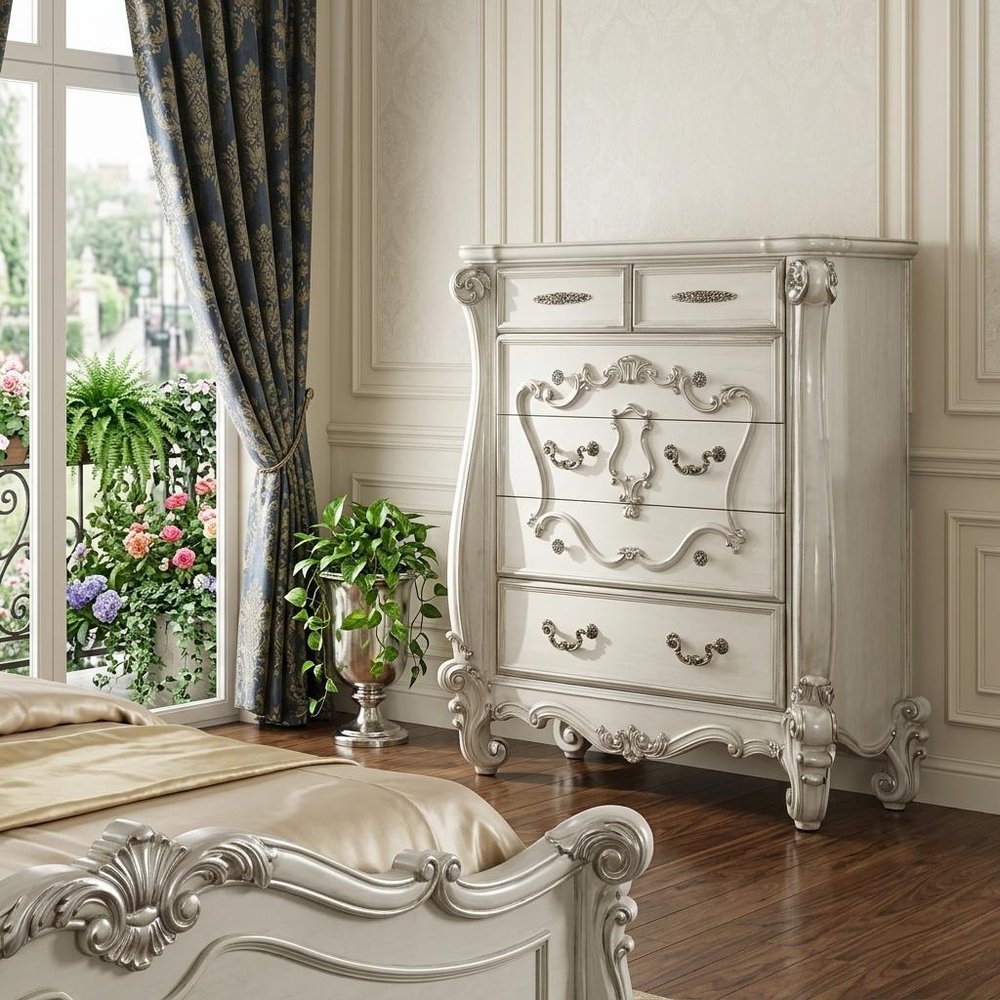 47" White Solid Wood Five Drawer Dresser