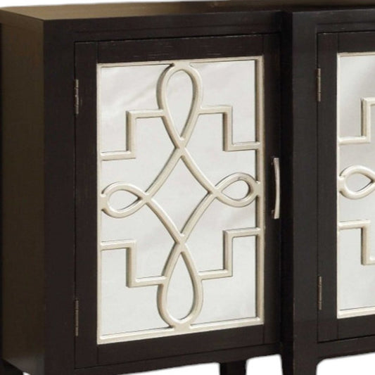 72" Black and Silver Mirrored Solid Wood and Glass Distressed Solid Console Table