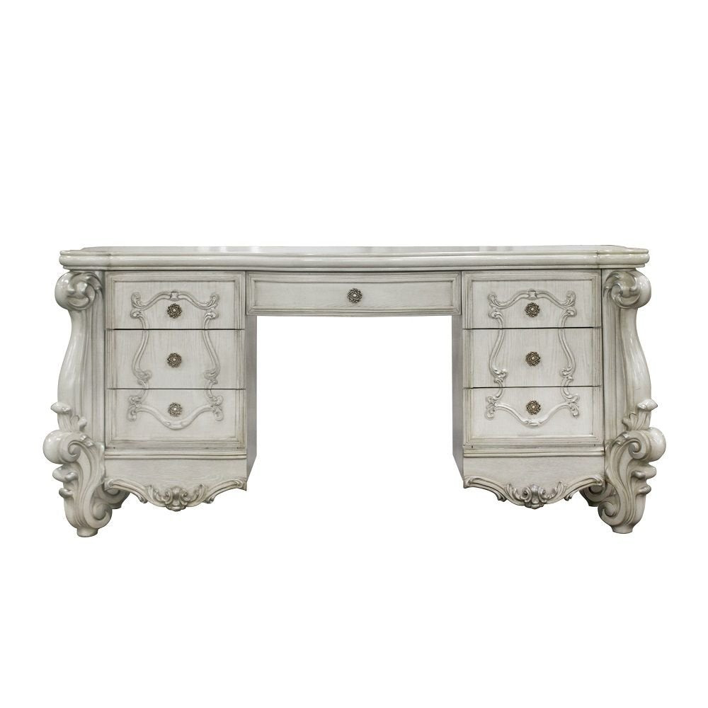 67" Antiqued White Wood Vanity Table With Seven Drawers