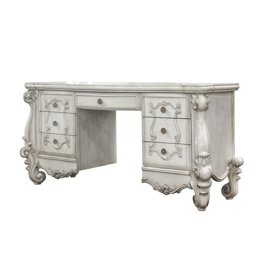 67" Antiqued White Wood Vanity Table With Seven Drawers