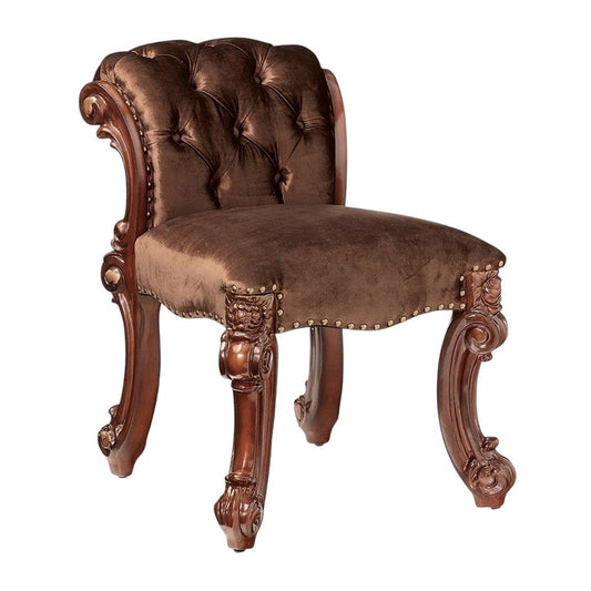 25" Dark Brown Fabric and Wood Vanity Chair