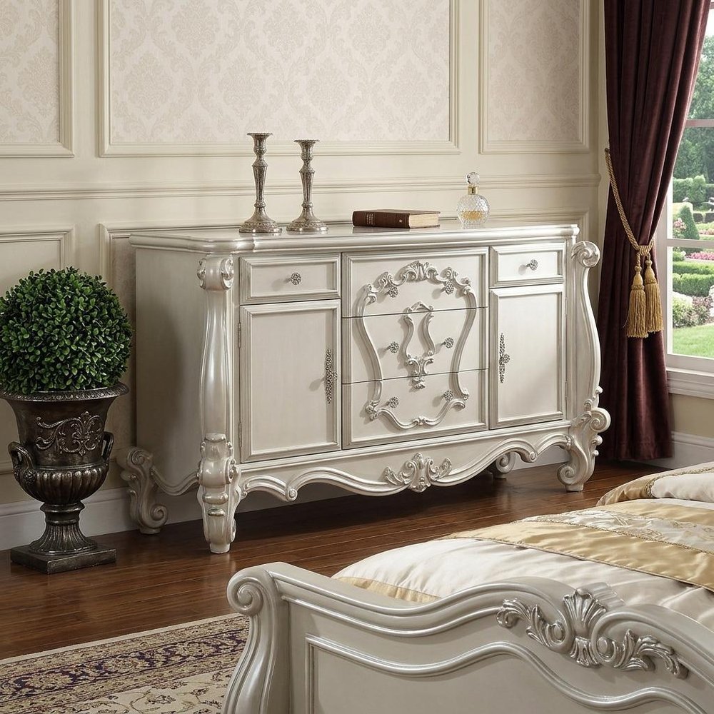 47" White Solid Wood Five Drawer Dresser