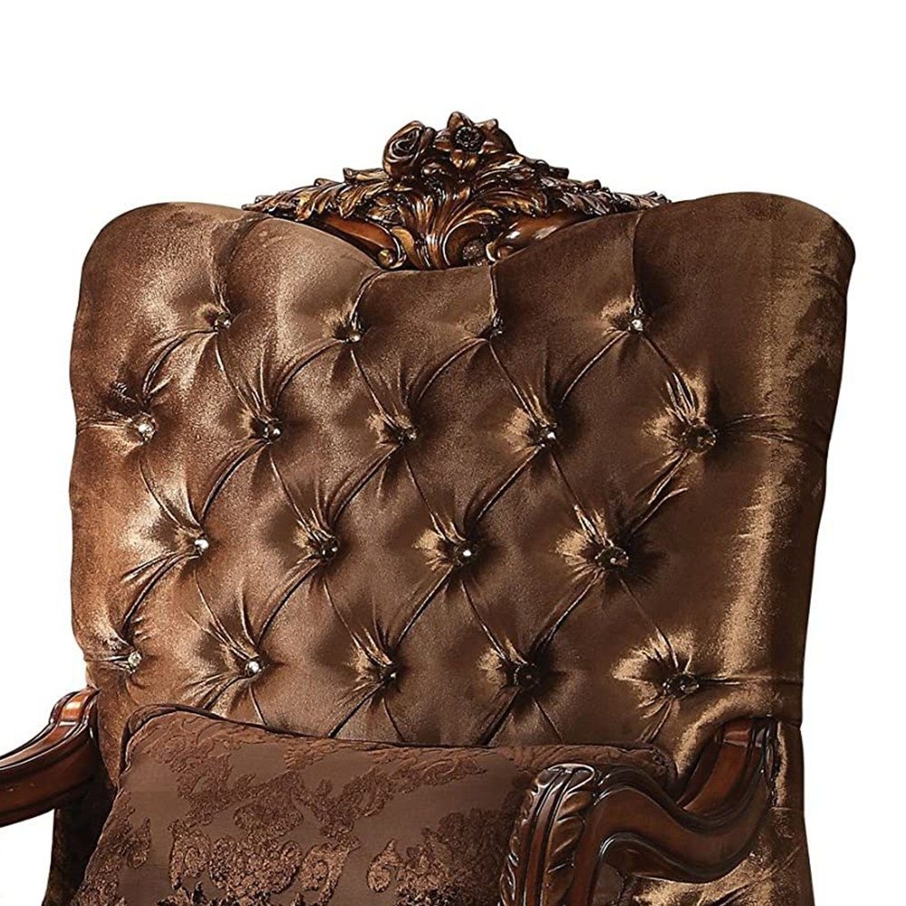 34" Golden Brown and Chocolate Velvet Tufted Arm Chair And Toss Pillow