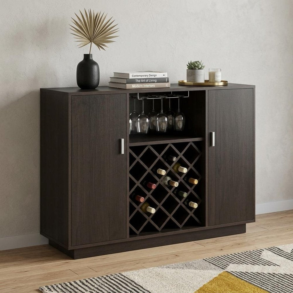 47" Espresso Solid Wood Frame With Five Shelves And Two Drawers
