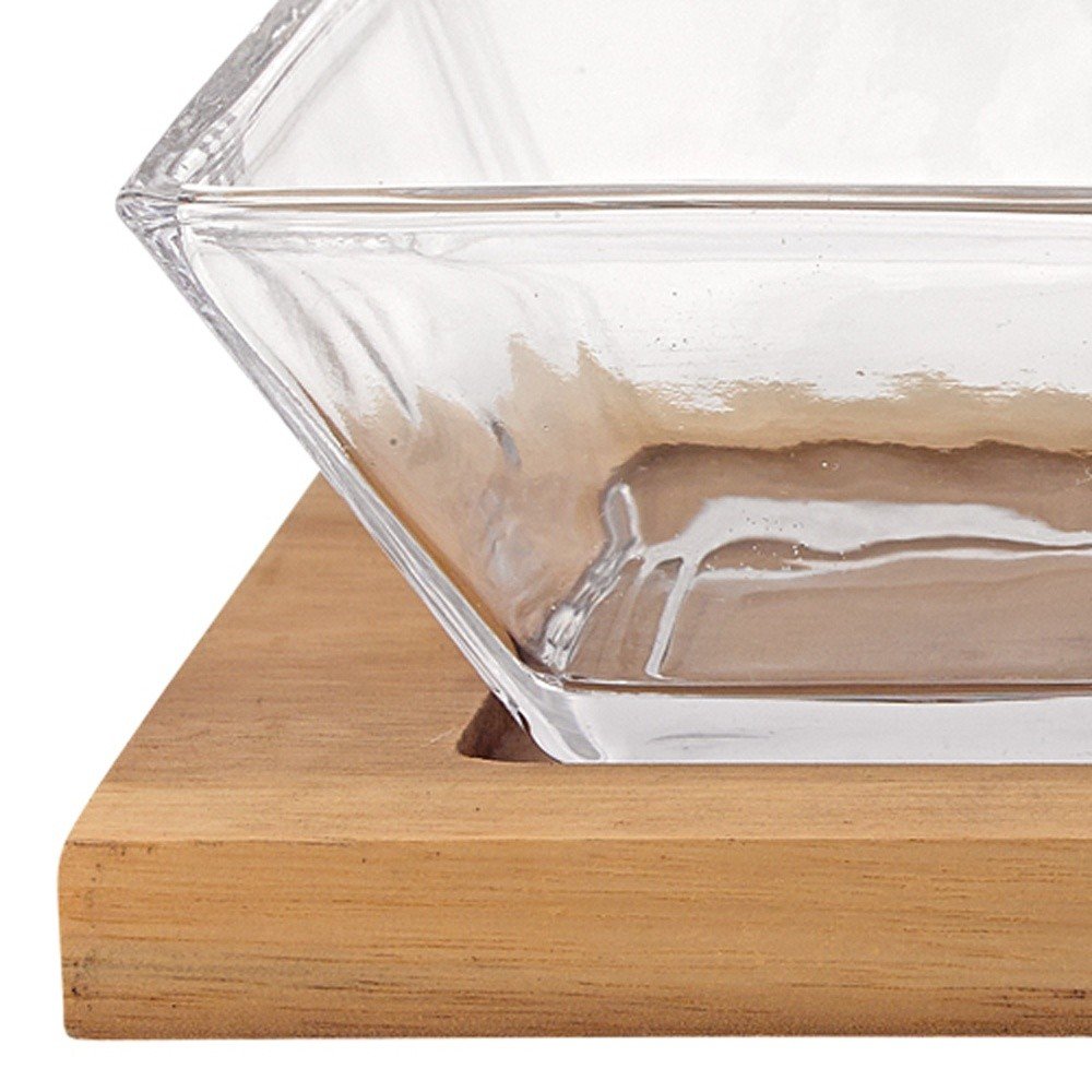 Four Piece Clear And Natural Crystal And Solid Wood Condiment Server