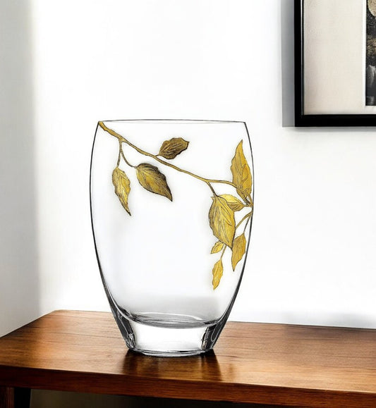 12" Clear And Gold Leaves Oval Crystal Glass Table Vase