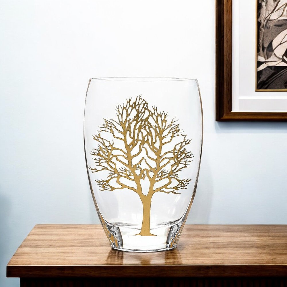 12" Clear And White Tree Of Life Oval Lead Free Crystal Table Vase