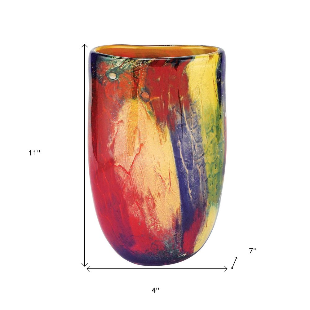 11"  Red Purple And Yellow Abstract Oval Murano Glass Table Vase