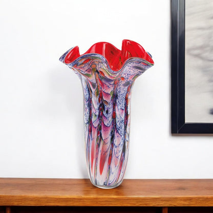 17" Blue Red And White Abstract Wavy Murano Glass Table Vase