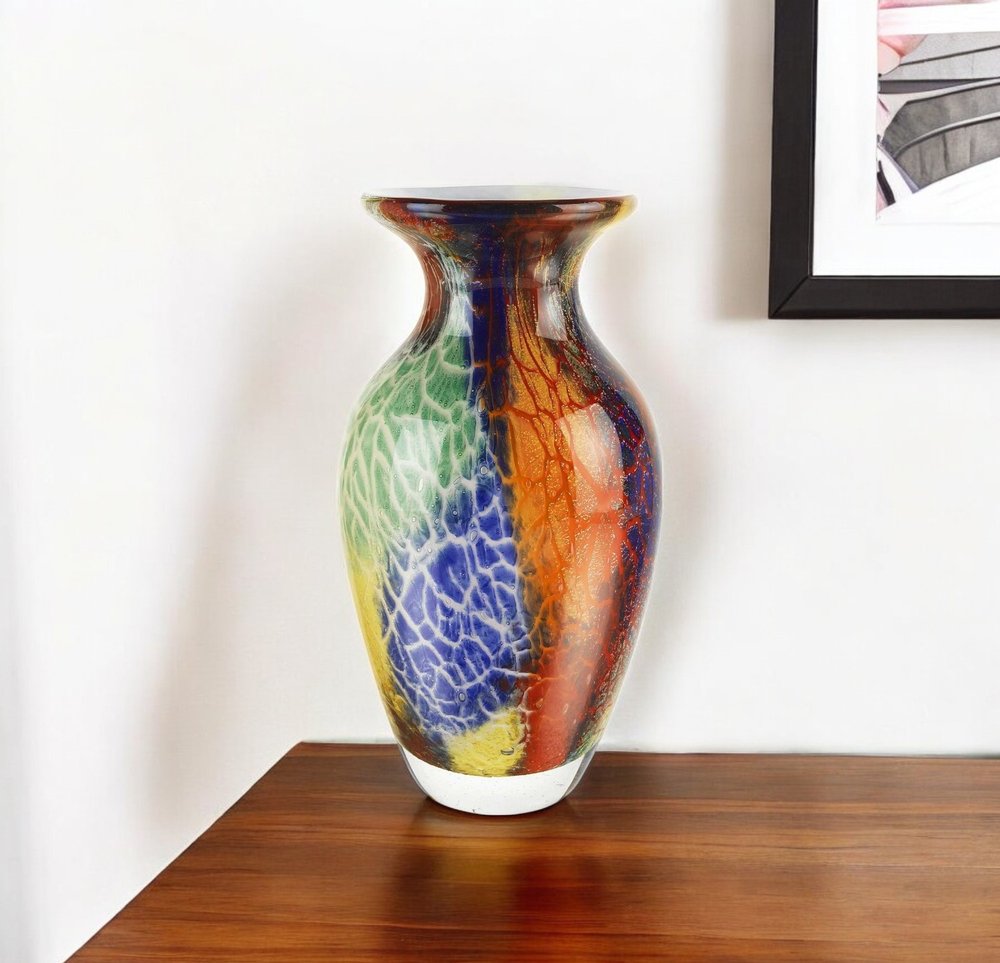 11" Blue Green And Orange Urn Murano Glass Table Vase