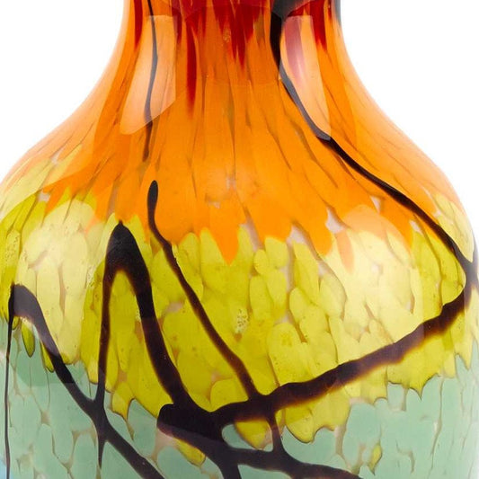 11" Black Blue Red And Yellow Abstract Urn Handblown Glass Table Vase