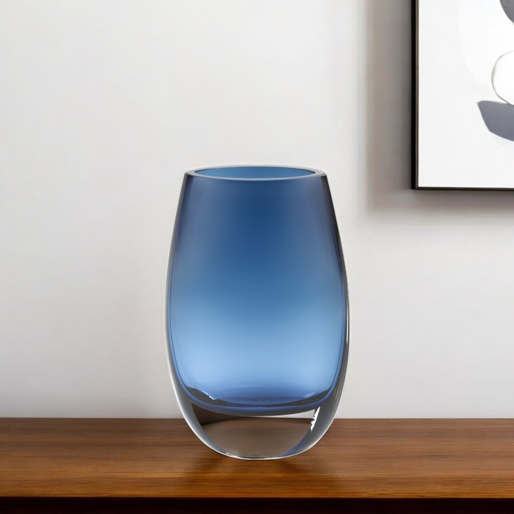 8" Midnight Blue And Clear Oval Lead Free Crystal Table Vase