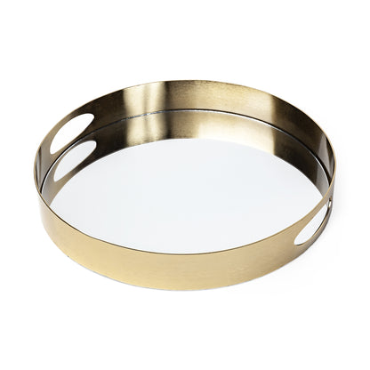 15" Gold And Mirrored Glass Round Metal Tray With Handles