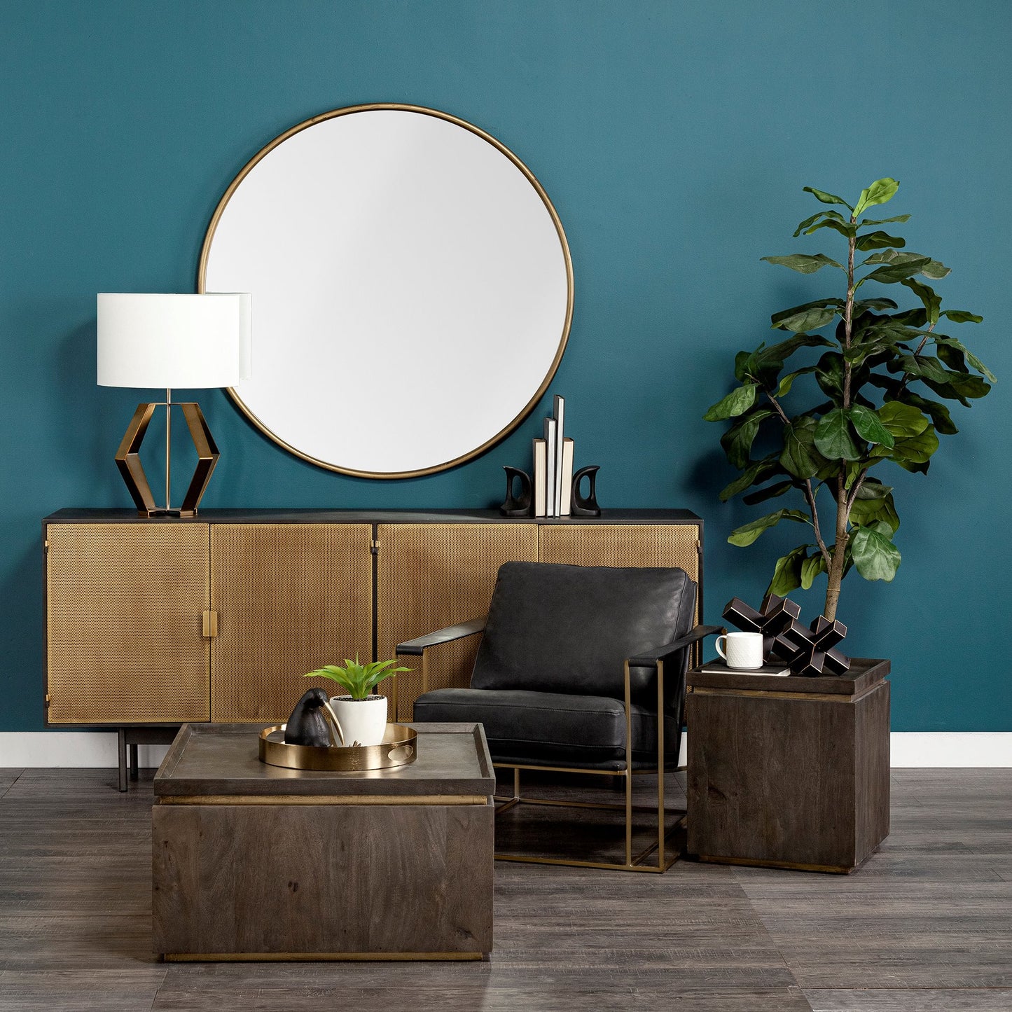 15" Gold And Mirrored Glass Round Metal Tray With Handles