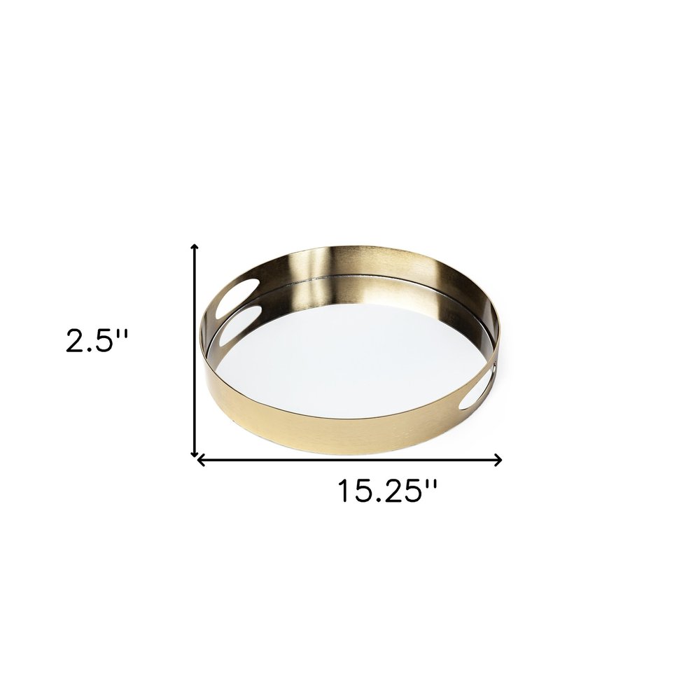 15" Gold And Mirrored Glass Round Metal Tray With Handles
