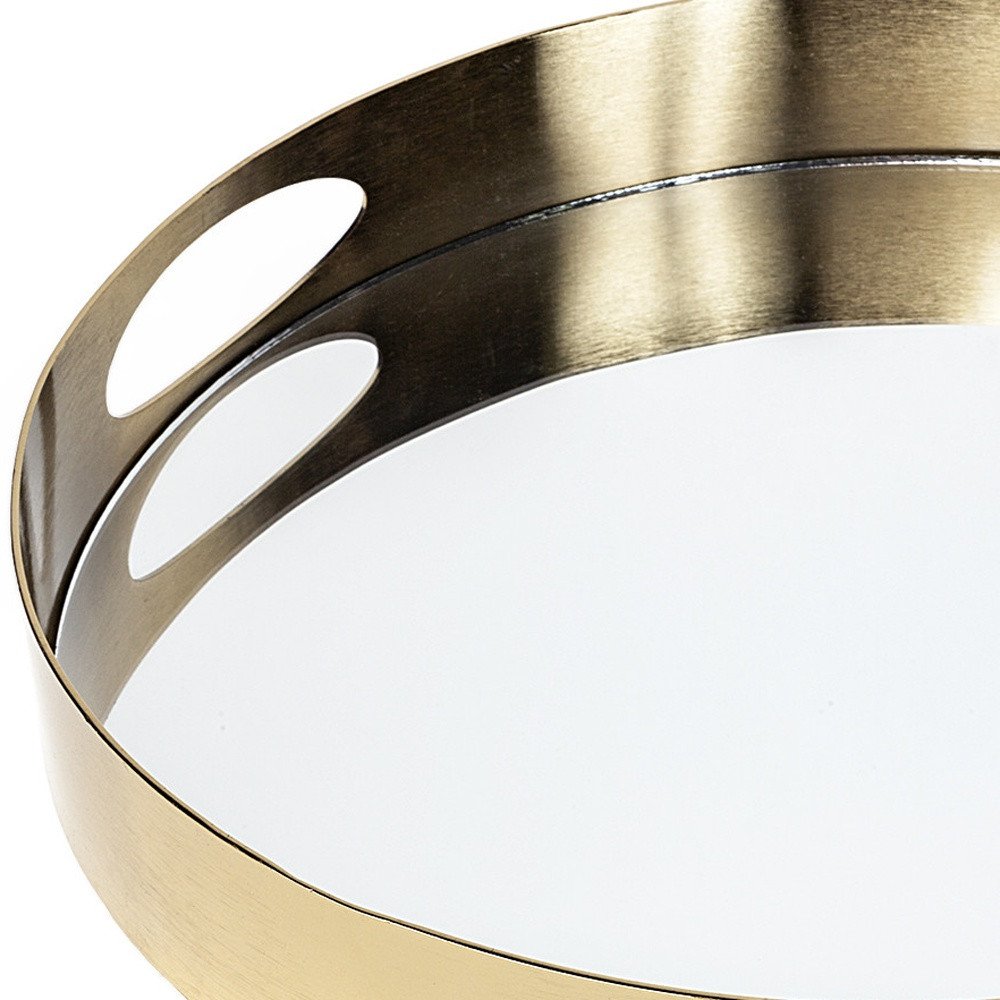 15" Gold And Mirrored Glass Round Metal Tray With Handles