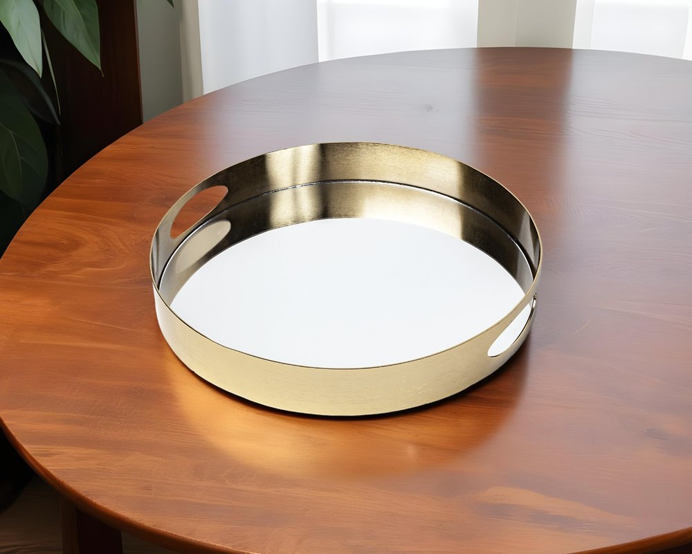 15" Gold And Mirrored Glass Round Metal Tray With Handles