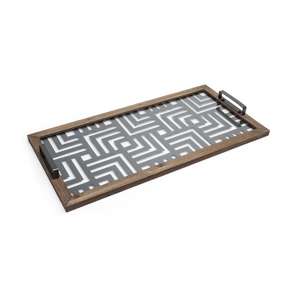 32" Brown and Black Glass Metal And Wood Geometric Serving Tray With Handles