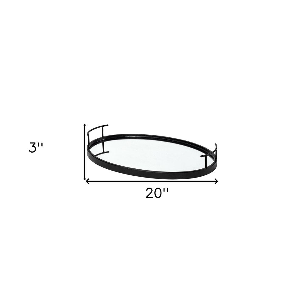 20" Black Metal And Mirrored Glass Oval Vanity Tray With Handles