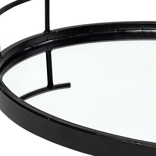 20" Black Metal And Mirrored Glass Oval Vanity Tray With Handles