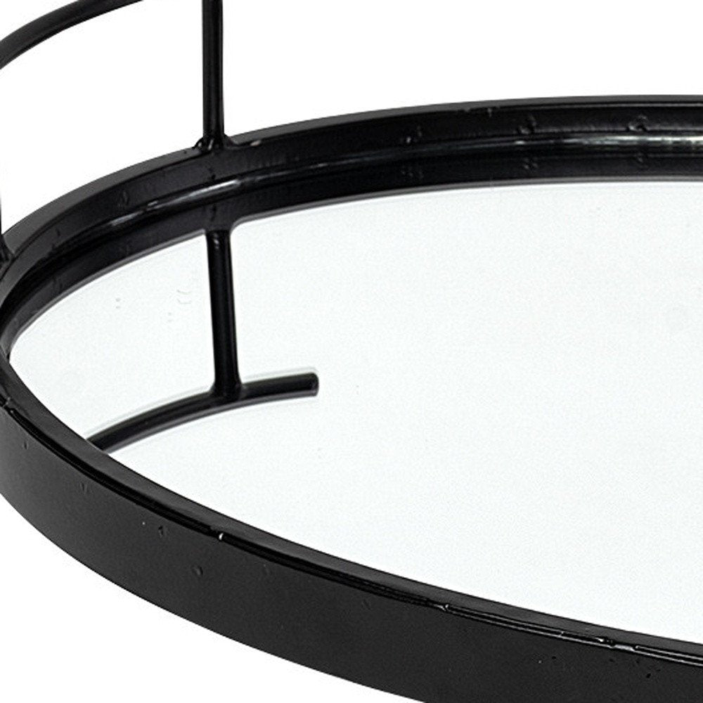 20" Black Metal And Mirrored Glass Oval Vanity Tray With Handles