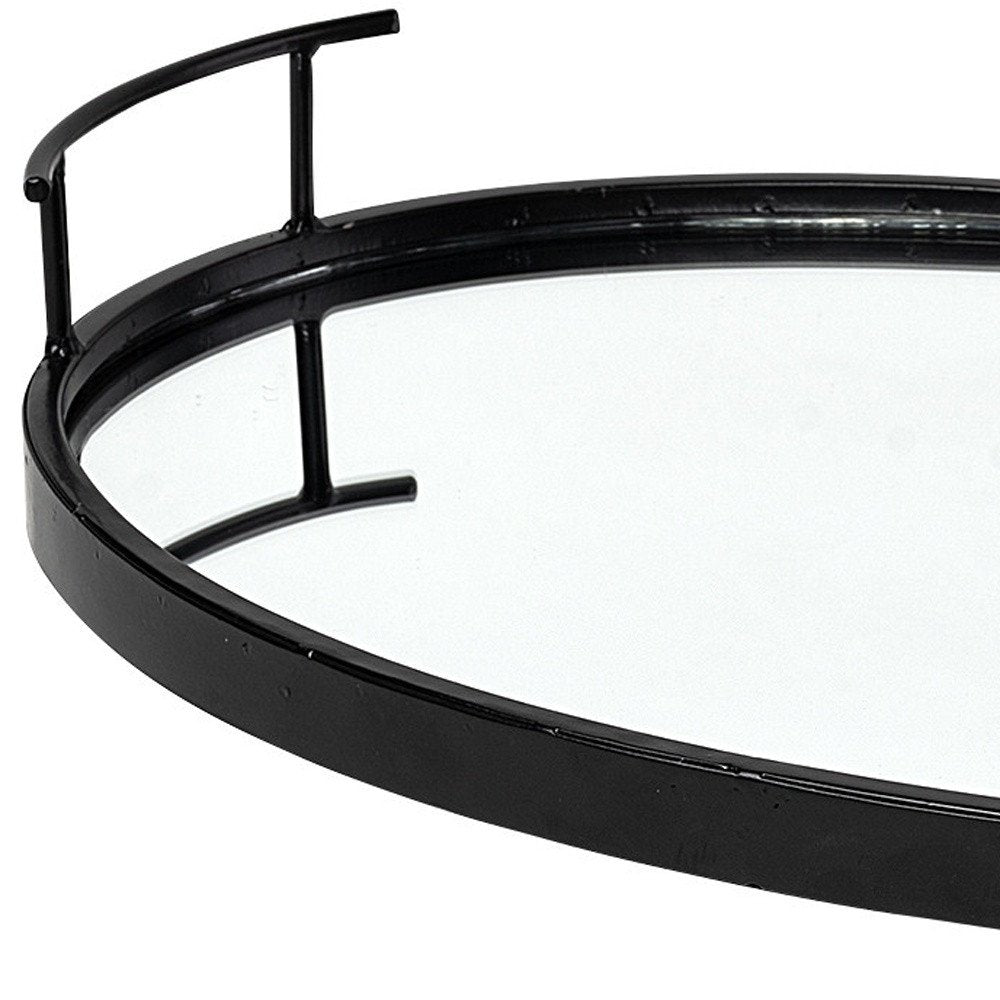 20" Black Metal And Mirrored Glass Oval Vanity Tray With Handles