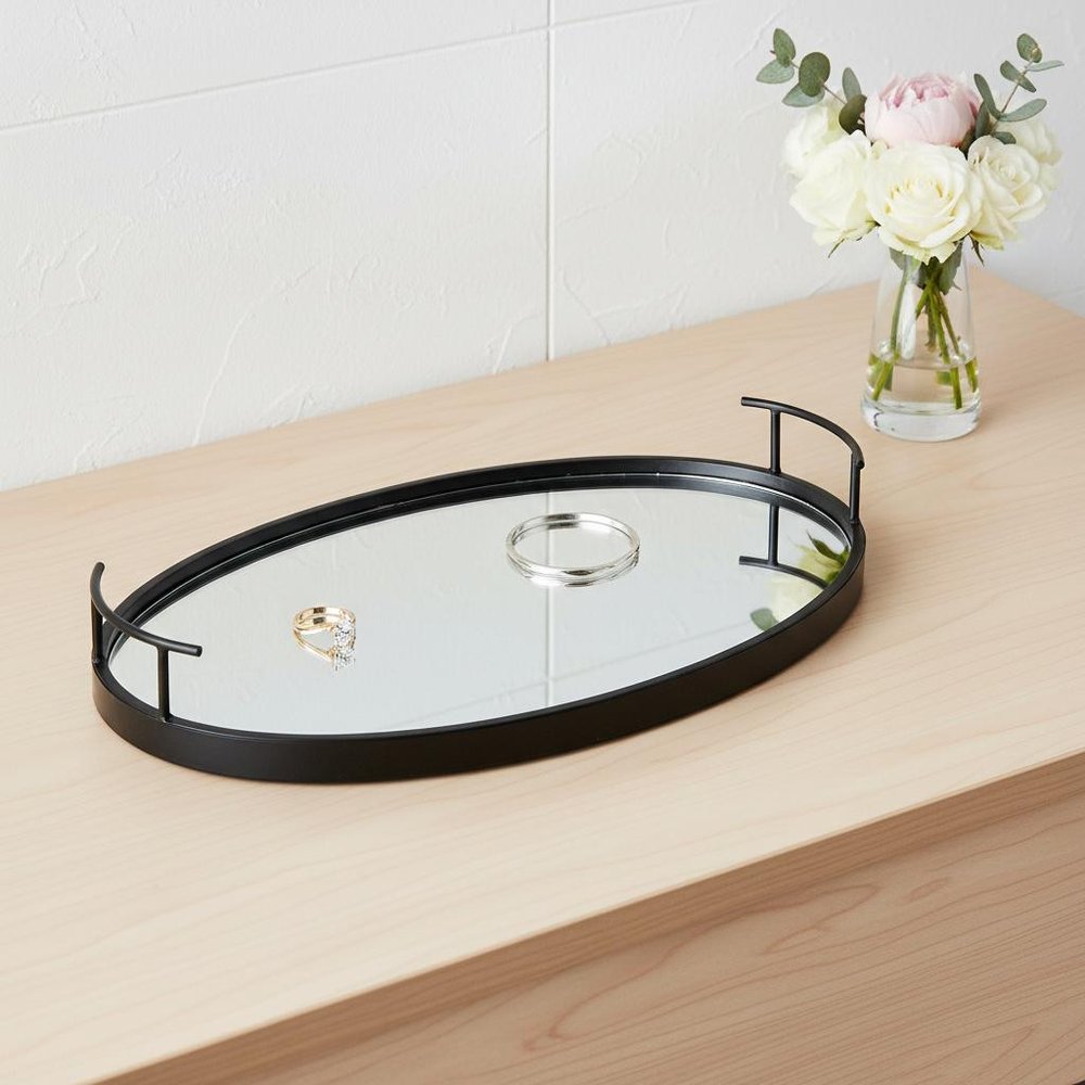 20" Black Metal And Mirrored Glass Oval Vanity Tray With Handles