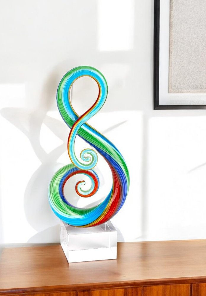12" Clear and Rainbow Murano Glass Modern Abstract Tabletop Sculpture