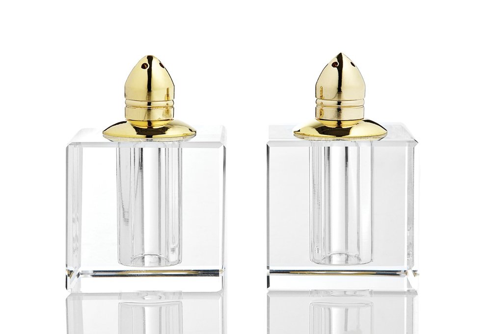Set of Two Clear And Gold Crystal Pepper Shakers