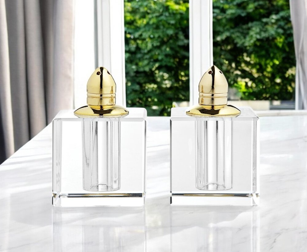 Set of Two Clear And Gold Crystal Pepper Shakers
