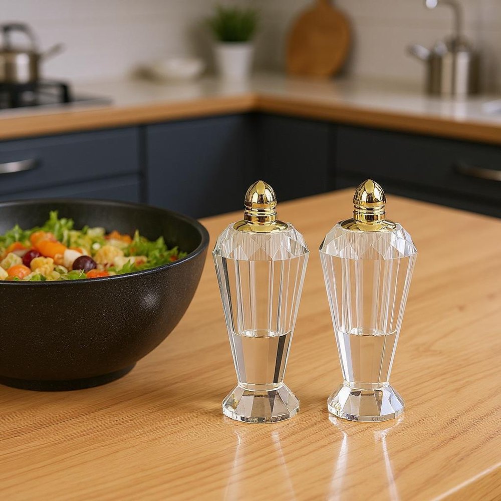 Set of Two Clear And Gold Crystal Geometric Pepper Shakers