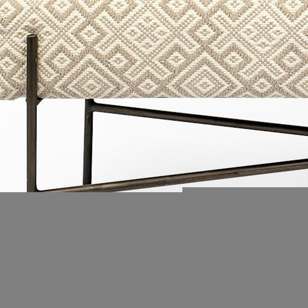 17" Cream and Black Upholstered Cotton Blend Geometric Bench