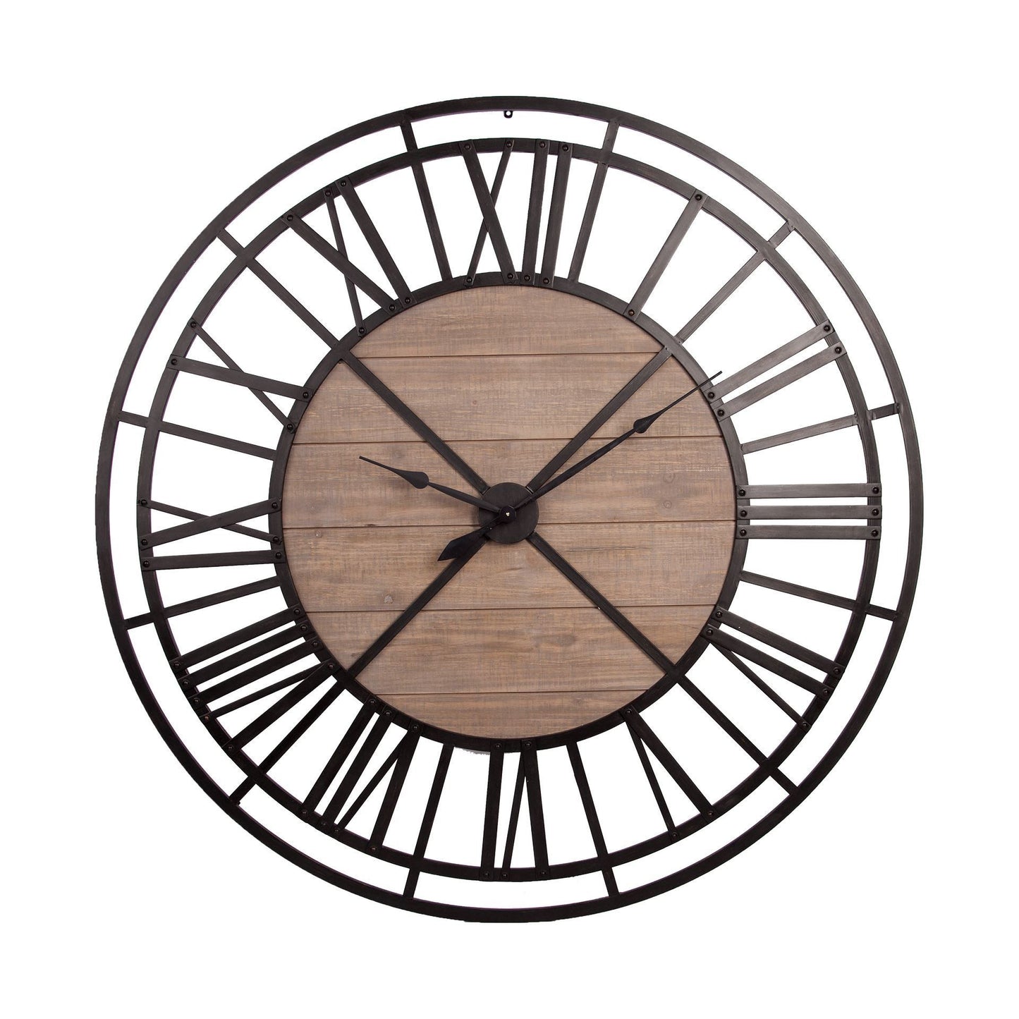 59" Black And Brown Metal and Solid Wood Skeleton Circle Wall Clock