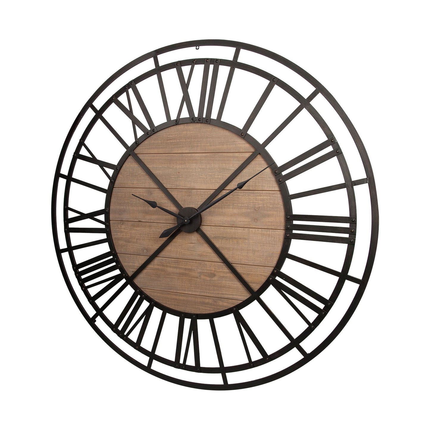 59" Black And Brown Metal and Solid Wood Skeleton Circle Wall Clock