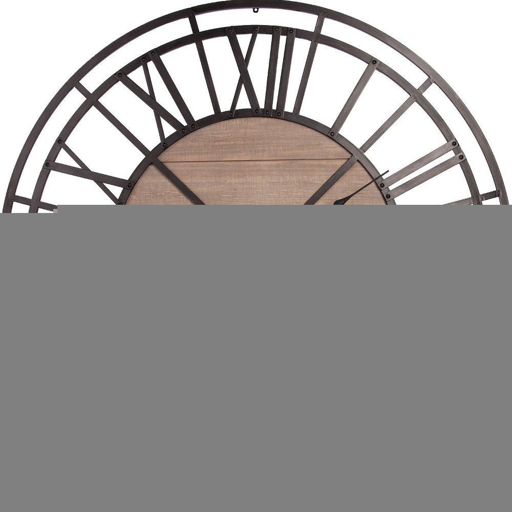 59" Black And Brown Metal and Solid Wood Skeleton Circle Wall Clock