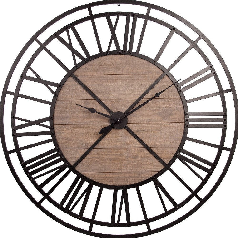 59" Black And Brown Metal and Solid Wood Skeleton Circle Wall Clock