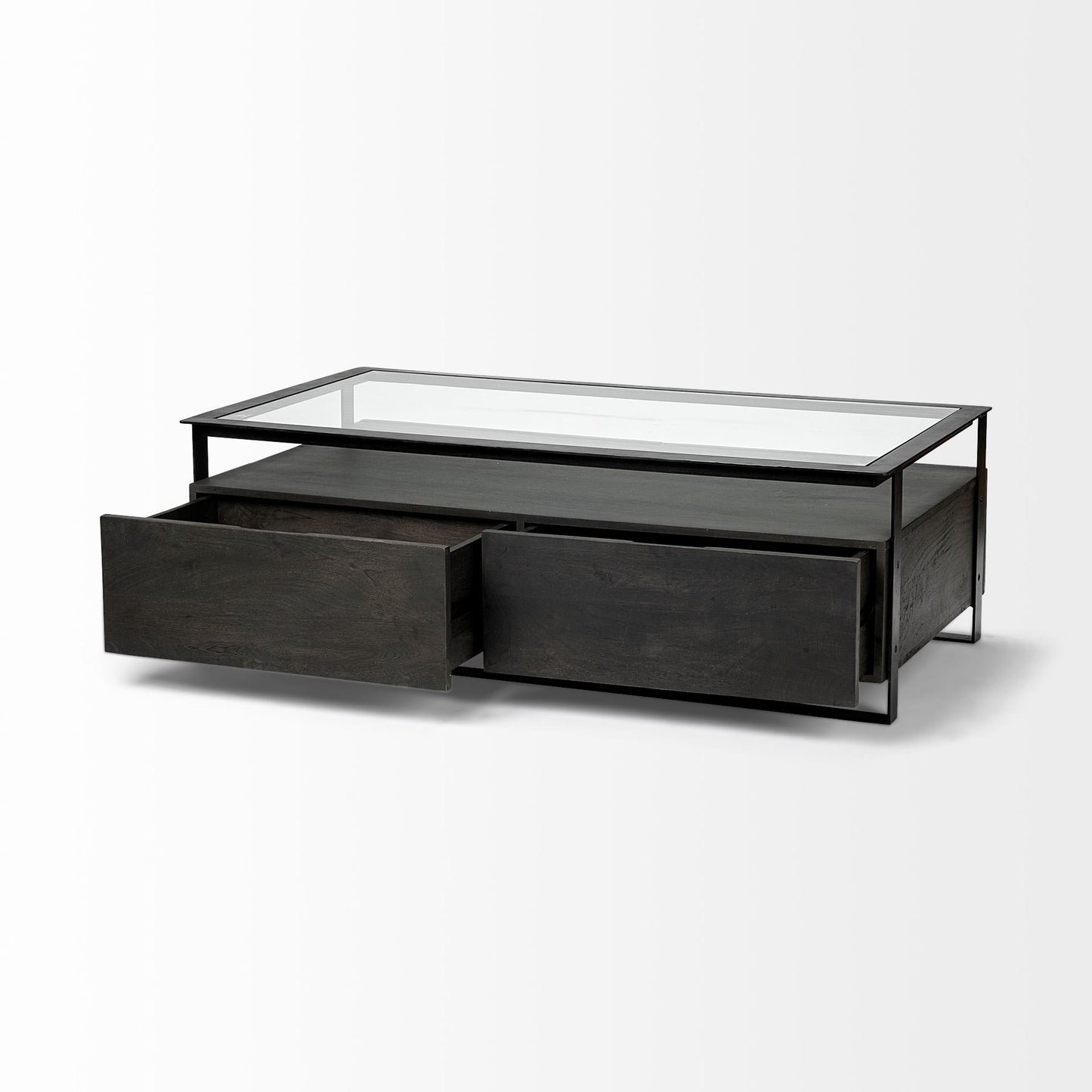30" Clear And Black Glass Rectangular Coffee Table With Four Drawers And Shelf