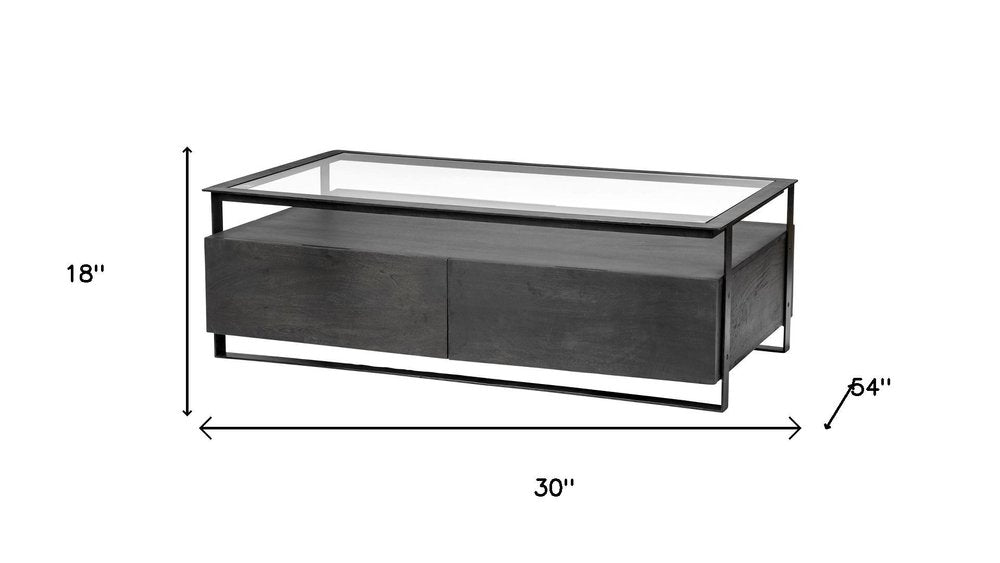 30" Clear And Black Glass Rectangular Coffee Table With Four Drawers And Shelf