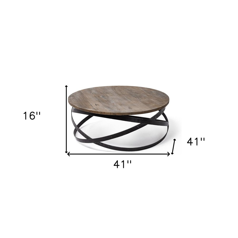 41" Brown and Black Solid Wood and Metal Round Coffee Table