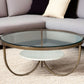 36" Brown and Gold Wood and Metal Round Coffee Table With Shelf