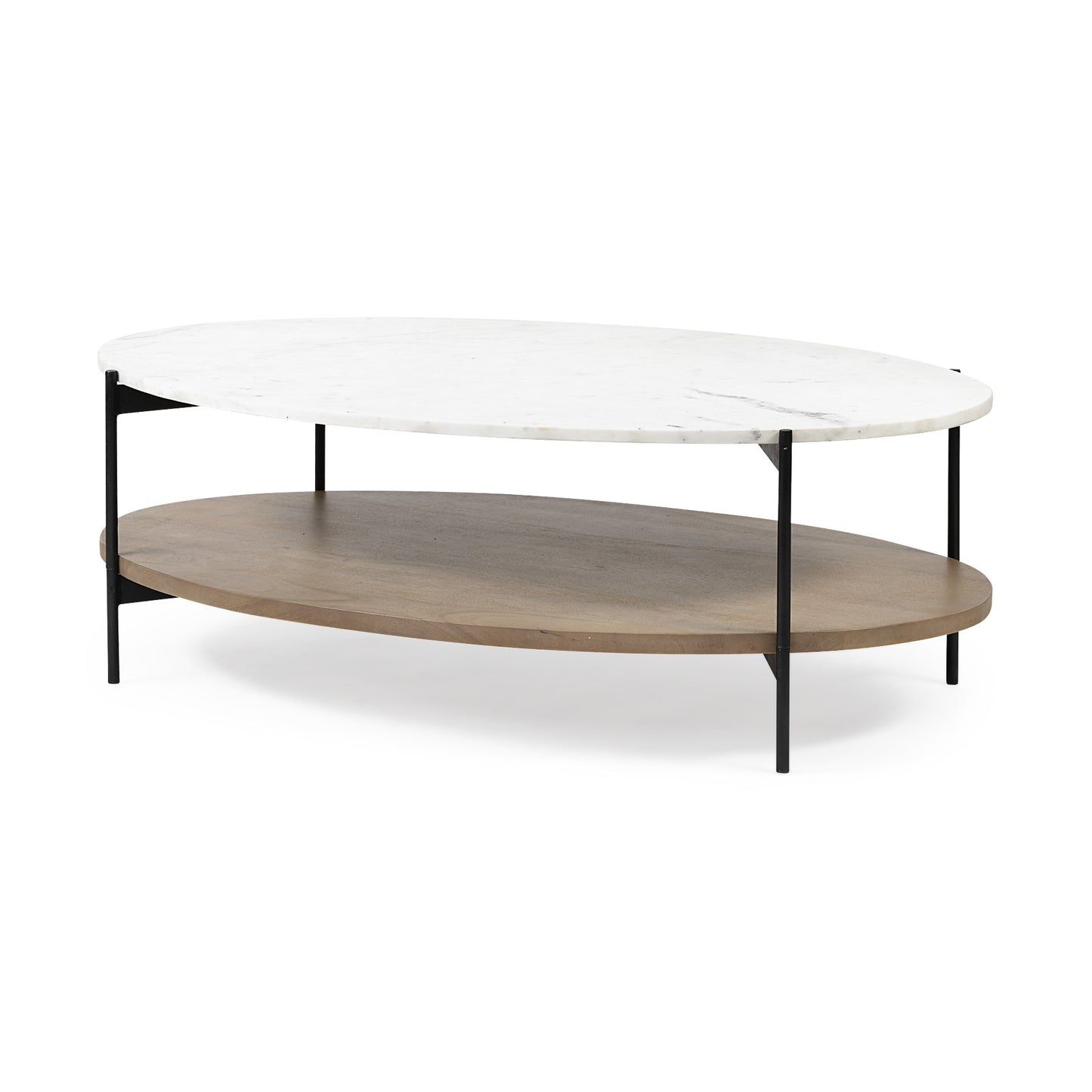 48" Brown and Black Genuine Marble and Metal Oval Coffee Table With Shelf