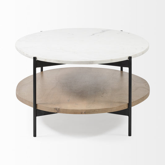 48" Brown and Black Genuine Marble and Metal Oval Coffee Table With Shelf